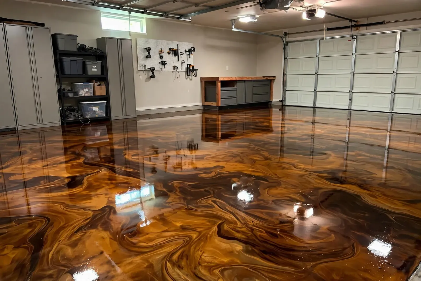 Freshly coated epoxy floor with amber and espresso marbled swirls